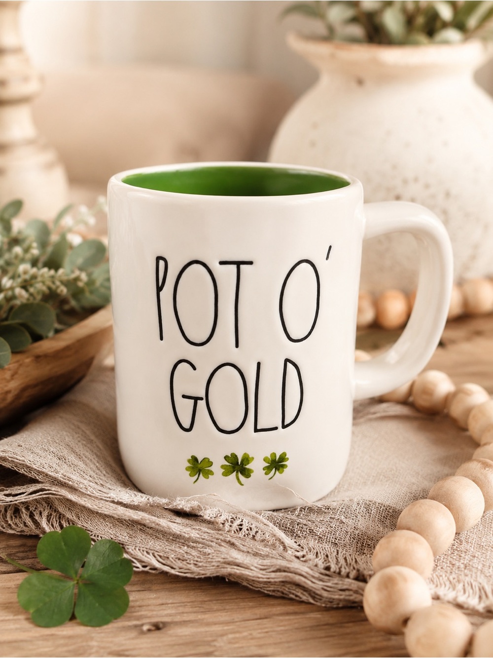 Rae Dunn Pot O’ Gold‎ Mug Saint Patrick’s 3 Leaf Clover Coffee Mug Farmhouse